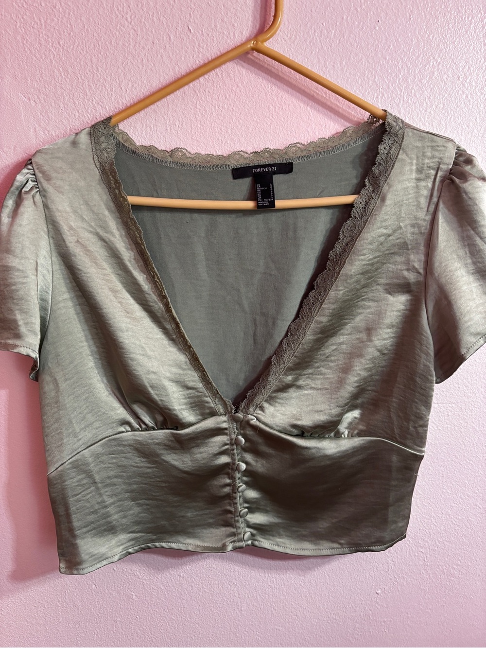 Forever 21 Olive Green Satin Lace-Trim Crop Top